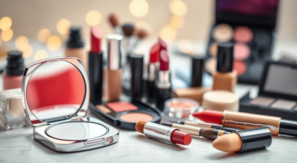 A beautifully arranged flat lay of high-quality cosmetics from FoFoStore, showcasing a variety of makeup products including lipsticks, foundations, and eyeshadows in diverse shades. The foreground features an open compact mirror reflecting vibrant makeup colors, while in the middle, neatly organized makeup tools like brushes and sponges are highlighted. The background includes soft, bokeh-style lighting to create a warm, inviting atmosphere, enhancing the colors of the cosmetics. The scene is well-lit with natural light, focusing on the textures and finishes of the products, encouraging a sense of exploration and discovery. The overall mood is elegant and sophisticated, ideal for illustrating the process of finding the right shades and formulas online. A beautifully arranged flat lay of high-quality cosmetics from FoFoStore, showcasing a variety of makeup products including lipsticks, foundations, and eyeshadows in diverse shades. The foreground features an open compact mirror reflecting vibrant makeup colors, while in the middle, neatly organized makeup tools like brushes and sponges are highlighted. The background includes soft, bokeh-style lighting to create a warm, inviting atmosphere, enhancing the colors of the cosmetics. The scene is well-lit with natural light, focusing on the textures and finishes of the products, encouraging a sense of exploration and discovery. The overall mood is elegant and sophisticated, ideal for illustrating the process of finding the right shades and formulas online.