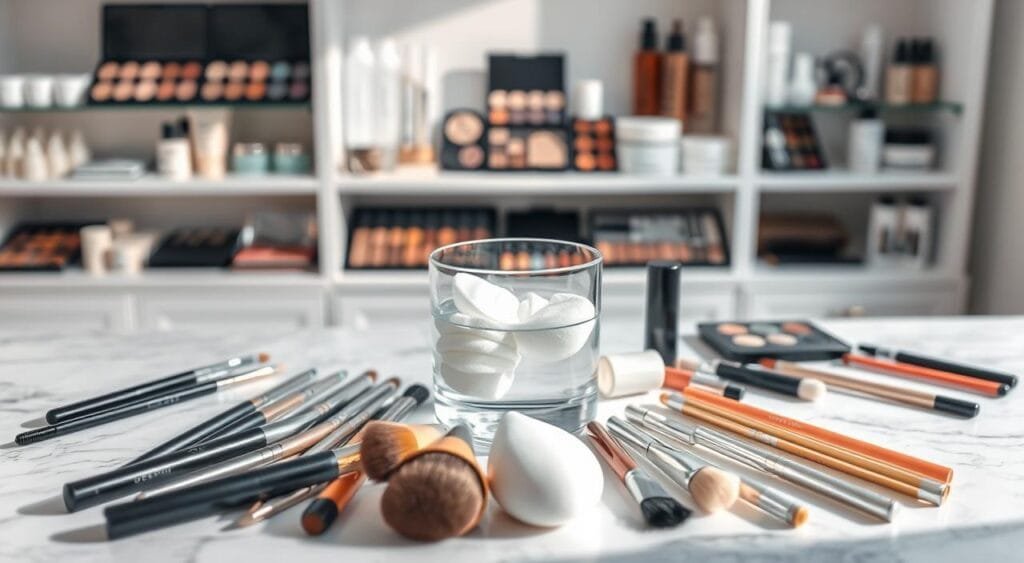 A beautifully arranged flat lay of professional makeup application tools from FoFoStore, showcasing a clean and hygienic setup. The foreground features a selection of brushes with soft bristles, shimmering makeup sponges, and sleek applicators arranged neatly on a marble surface. In the middle, a glass container filled with brush cleaner and cotton pads highlights the importance of tool hygiene. The background consists of blurred shelves displaying neatly organized makeup palettes and skincare products, creating an inviting, professional atmosphere. Soft, natural lighting illuminates the scene, casting subtle shadows for depth. The overall mood is fresh, organized, and focused on the importance of maintaining makeup tools for optimal performance. A beautifully arranged flat lay of professional makeup application tools from FoFoStore, showcasing a clean and hygienic setup. The foreground features a selection of brushes with soft bristles, shimmering makeup sponges, and sleek applicators arranged neatly on a marble surface. In the middle, a glass container filled with brush cleaner and cotton pads highlights the importance of tool hygiene. The background consists of blurred shelves displaying neatly organized makeup palettes and skincare products, creating an inviting, professional atmosphere. Soft, natural lighting illuminates the scene, casting subtle shadows for depth. The overall mood is fresh, organized, and focused on the importance of maintaining makeup tools for optimal performance.