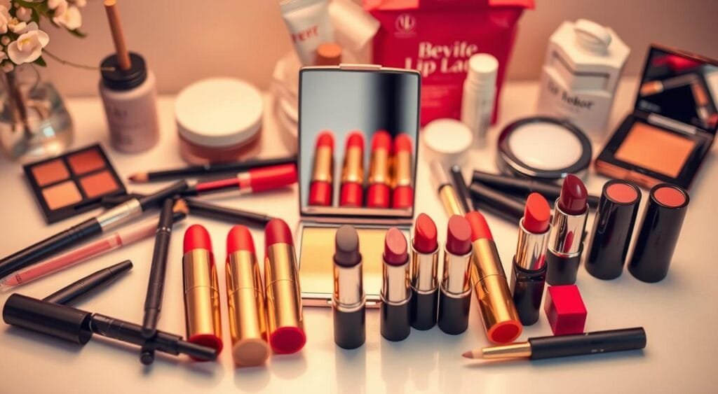 A beautifully arranged flat lay showcasing "Long Lasting Lip Makeup Techniques" by FoFoStore. In the foreground, display an array of vibrant lipsticks in various shades, including matte and glossy finishes, alongside lip liners and a subtle applicator brush. In the middle, position a small mirror reflecting the application tools and vibrant lip colors. In the background, include soft-focus elements like makeup removal wipes, lip balm, and a stylish compact. Use warm, diffused lighting to evoke a welcoming and inviting atmosphere, capturing the essence of a beauty routine. The image should emphasize elegance and professionalism, with a clean, organized aesthetic. A beautifully arranged flat lay showcasing "Long Lasting Lip Makeup Techniques" by FoFoStore. In the foreground, display an array of vibrant lipsticks in various shades, including matte and glossy finishes, alongside lip liners and a subtle applicator brush. In the middle, position a small mirror reflecting the application tools and vibrant lip colors. In the background, include soft-focus elements like makeup removal wipes, lip balm, and a stylish compact. Use warm, diffused lighting to evoke a welcoming and inviting atmosphere, capturing the essence of a beauty routine. The image should emphasize elegance and professionalism, with a clean, organized aesthetic.