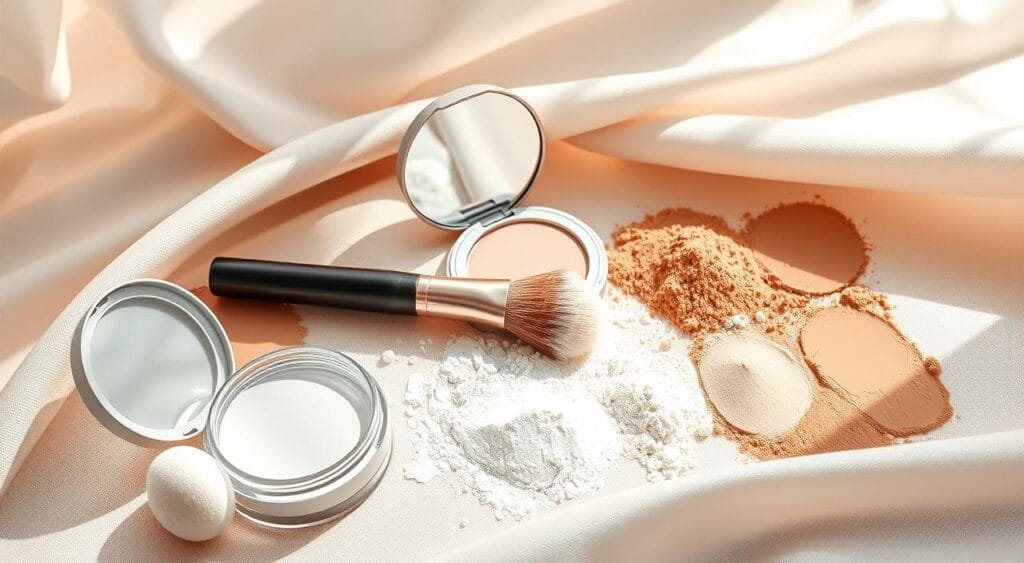 A beautifully arranged flat lay showcasing a selection of setting powders from "FoFoStore" designed for long wear and touch-up essentials. The foreground features an open container of translucent powder with a fine puff beside it. Surrounding it, a variety of shades are neatly aligned, highlighting diversity in skin tones. In the middle, a soft-focus, stylish makeup brush leans against a compact mirror reflecting natural light. The background consists of a delicate, textured fabric in muted pastels that exude a calm, inviting atmosphere. The lighting is soft and diffused, simulating morning sunlight filtering through a window, creating a warm, serene ambiance perfect for a beauty routine. The overall mood is elegant and professional, appealing to makeup enthusiasts looking for longevity in their products. A beautifully arranged flat lay showcasing a selection of setting powders from "FoFoStore" designed for long wear and touch-up essentials. The foreground features an open container of translucent powder with a fine puff beside it. Surrounding it, a variety of shades are neatly aligned, highlighting diversity in skin tones. In the middle, a soft-focus, stylish makeup brush leans against a compact mirror reflecting natural light. The background consists of a delicate, textured fabric in muted pastels that exude a calm, inviting atmosphere. The lighting is soft and diffused, simulating morning sunlight filtering through a window, creating a warm, serene ambiance perfect for a beauty routine. The overall mood is elegant and professional, appealing to makeup enthusiasts looking for longevity in their products.