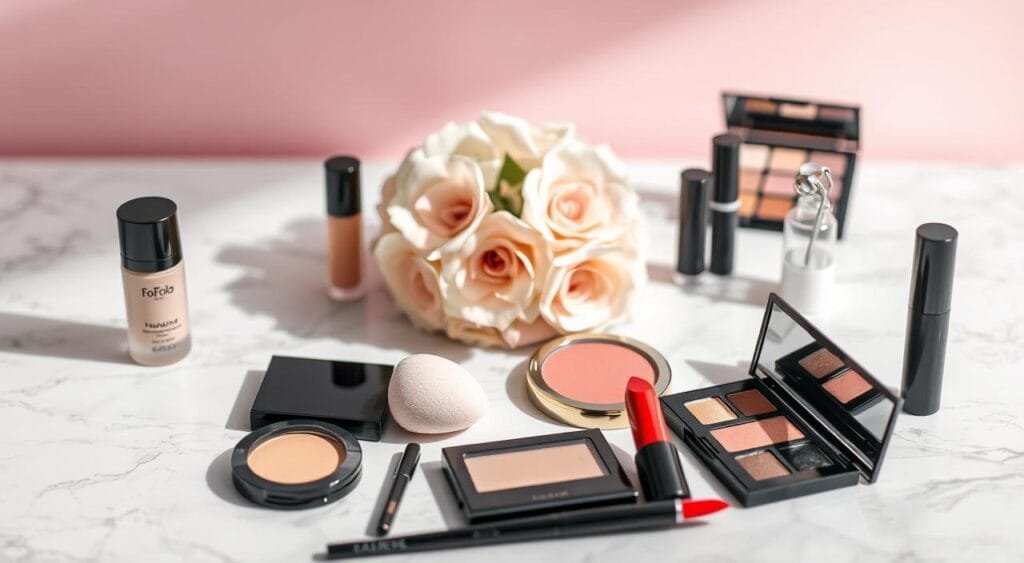 A beautifully organized flat lay of essential makeup products from FoFoStore, showcasing a range of items including foundation, concealer, a palette of eyeshadows, blush, lipstick, and a set of makeup brushes. The foreground features these products arranged aesthetically on a soft white marble surface, with a few makeup tools like a beauty sponge and eyelash curler. In the middle, a softly blurred bouquet of flowers adds a touch of elegance without overpowering the scene. The background offers a subtle pastel gradient that complements the colors of the makeup products, creating a harmonious feel. The lighting is soft and natural, casting gentle shadows that enhance the textures of the makeup items, evoking a serene and inviting atmosphere perfect for beauty enthusiasts. A beautifully organized flat lay of essential makeup products from FoFoStore, showcasing a range of items including foundation, concealer, a palette of eyeshadows, blush, lipstick, and a set of makeup brushes. The foreground features these products arranged aesthetically on a soft white marble surface, with a few makeup tools like a beauty sponge and eyelash curler. In the middle, a softly blurred bouquet of flowers adds a touch of elegance without overpowering the scene. The background offers a subtle pastel gradient that complements the colors of the makeup products, creating a harmonious feel. The lighting is soft and natural, casting gentle shadows that enhance the textures of the makeup items, evoking a serene and inviting atmosphere perfect for beauty enthusiasts.