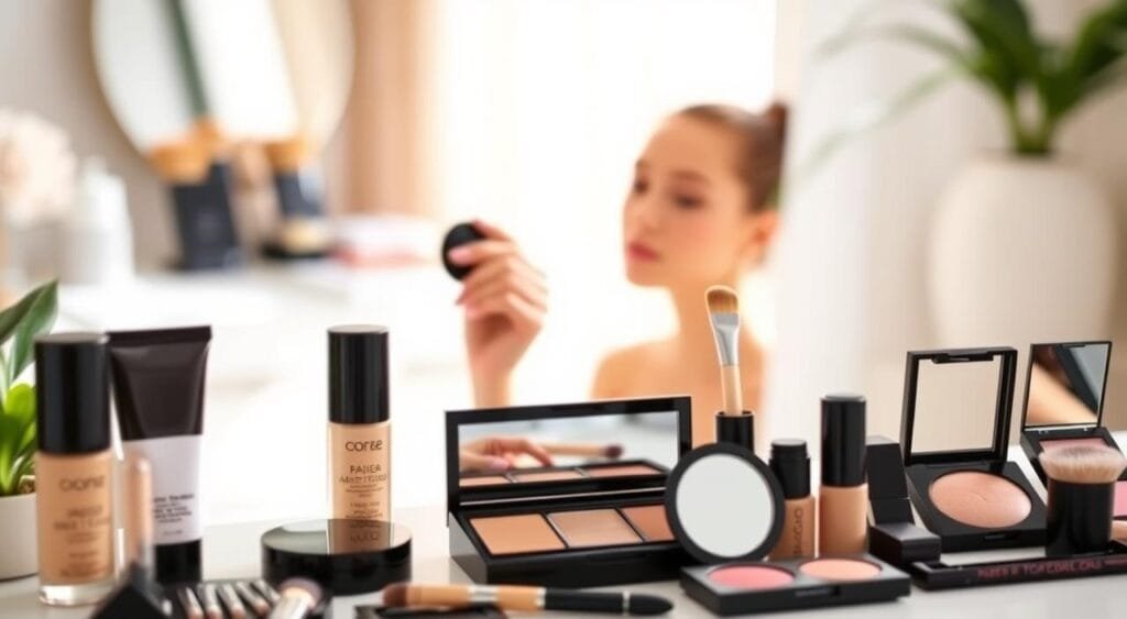 A beautifully organized makeup workstation showcasing beginner makeup steps for perfecting complexion. In the foreground, a neatly arranged set of high-quality makeup products from FoFoStore, including foundation, concealer, blush, and brushes, all displayed elegantly. In the middle, a pair of hands applying foundation on a natural skin tone, demonstrating the application technique with a sponge. The background features soft-focus elements like a vanity mirror and natural light flowing in from a window, creating a warm and inviting atmosphere. The image captures a sense of calm and ease, encouraging beginners to explore makeup application confidently. The overall lighting is bright and soft, highlighting the textures of the products and the gentle demeanor of the makeup application process. A beautifully organized makeup workstation showcasing beginner makeup steps for perfecting complexion. In the foreground, a neatly arranged set of high-quality makeup products from FoFoStore, including foundation, concealer, blush, and brushes, all displayed elegantly. In the middle, a pair of hands applying foundation on a natural skin tone, demonstrating the application technique with a sponge. The background features soft-focus elements like a vanity mirror and natural light flowing in from a window, creating a warm and inviting atmosphere. The image captures a sense of calm and ease, encouraging beginners to explore makeup application confidently. The overall lighting is bright and soft, highlighting the textures of the products and the gentle demeanor of the makeup application process.