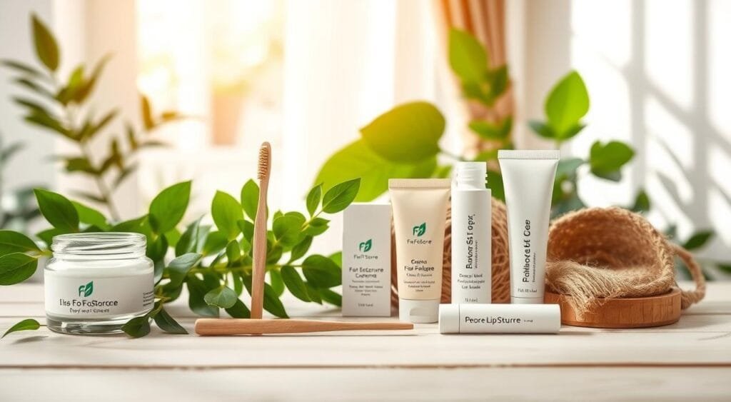 A serene flat lay of eco-friendly and sustainable beauty essentials. In the foreground, a beautifully arranged collection of biodegradable skincare products, including a glass jar of organic cream, bamboo toothbrush, and a refillable lip balm, all featuring elegant packaging with the brand name "FoFoStore". The middle ground reveals lush green plants and natural materials like jute and wood, enhancing the eco-friendly theme. In the background, soft natural sunlight filters through a window, creating a warm, inviting atmosphere. The scene is set on a light wooden surface, conveying a mood of tranquility and harmony with nature. The image captures the essence of mindful beauty in an elegant and clean composition. A serene flat lay of eco-friendly and sustainable beauty essentials. In the foreground, a beautifully arranged collection of biodegradable skincare products, including a glass jar of organic cream, bamboo toothbrush, and a refillable lip balm, all featuring elegant packaging with the brand name "FoFoStore". The middle ground reveals lush green plants and natural materials like jute and wood, enhancing the eco-friendly theme. In the background, soft natural sunlight filters through a window, creating a warm, inviting atmosphere. The scene is set on a light wooden surface, conveying a mood of tranquility and harmony with nature. The image captures the essence of mindful beauty in an elegant and clean composition.