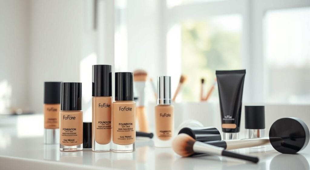 A visually appealing display of makeup products specifically designed for oily skin, highlighting the brand "FoFoStore". In the foreground, feature a selection of foundation bottles and tubes with sleek, modern packaging, reflecting a variety of shades suitable for different skin tones. The middle ground should include makeup brushes and a delicate makeup sponge, all set against a pristine, light-colored vanity surface. In the background, softly blurred, display natural light streaming through a window, creating a bright and inviting atmosphere. The overall mood is fresh and vibrant, emphasizing the effectiveness and appeal of high-quality foundations for oily skin. The composition should be shot at a slightly elevated angle to capture the depth and layout of the products, enhancing their visual interest. No text or watermark allowed.