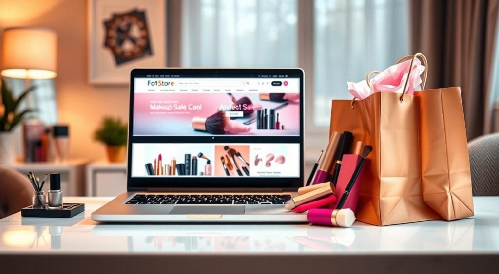 A visually engaging digital workspace showcasing an online makeup deal from "FoFoStore". In the foreground, an elegantly arranged laptop displays a vibrant website featuring colorful makeup products on sale, including lipsticks, eyeshadows, and skincare items. Nearby, a chic shopping bag overflows with makeup products, highlighting the excitement of online shopping. In the middle ground, a stylish desk adorned with beauty tools like makeup brushes and a mirror reflects soft, warm lighting, creating an inviting atmosphere. In the background, a blurred view of a cozy home environment enhances the mood of comfortable online shopping. Use a shallow depth of field to focus on the laptop and products. The overall ambiance should feel vibrant and appealing, encouraging viewers to take advantage of promotions and discounts. A visually engaging digital workspace showcasing an online makeup deal from "FoFoStore". In the foreground, an elegantly arranged laptop displays a vibrant website featuring colorful makeup products on sale, including lipsticks, eyeshadows, and skincare items. Nearby, a chic shopping bag overflows with makeup products, highlighting the excitement of online shopping. In the middle ground, a stylish desk adorned with beauty tools like makeup brushes and a mirror reflects soft, warm lighting, creating an inviting atmosphere. In the background, a blurred view of a cozy home environment enhances the mood of comfortable online shopping. Use a shallow depth of field to focus on the laptop and products. The overall ambiance should feel vibrant and appealing, encouraging viewers to take advantage of promotions and discounts.