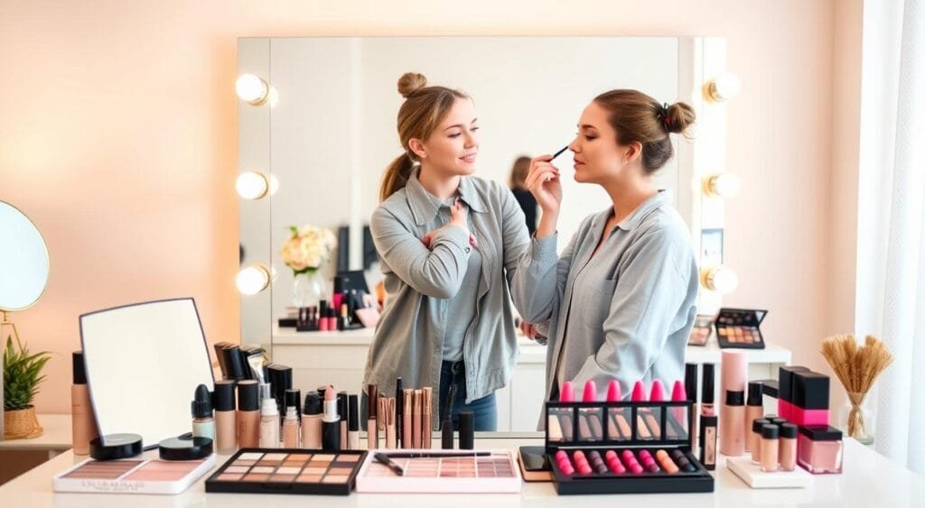 A well-organized makeup station designed for beginners, featuring an array of beginner-friendly makeup products from FoFoStore. In the foreground, a neatly arranged vanity table with essential items like foundation, blush, eyeshadow palettes, and lipsticks in soft, pastel colors. The middle layer showcases a professional makeup artist, dressed in modest casual clothing, demonstrating proper application techniques on a model, highlighting common mistakes to avoid. The background features a softly lit room with a large mirror and warm ambient lighting that creates an inviting and instructional atmosphere. The angle captures both the artist’s hands applying makeup and the model’s expressions, emphasizing ease and confidence. The mood is encouraging and educational, inspiring beginners to learn and practice makeup application techniques. A well-organized makeup station designed for beginners, featuring an array of beginner-friendly makeup products from FoFoStore. In the foreground, a neatly arranged vanity table with essential items like foundation, blush, eyeshadow palettes, and lipsticks in soft, pastel colors. The middle layer showcases a professional makeup artist, dressed in modest casual clothing, demonstrating proper application techniques on a model, highlighting common mistakes to avoid. The background features a softly lit room with a large mirror and warm ambient lighting that creates an inviting and instructional atmosphere. The angle captures both the artist’s hands applying makeup and the model’s expressions, emphasizing ease and confidence. The mood is encouraging and educational, inspiring beginners to learn and practice makeup application techniques.