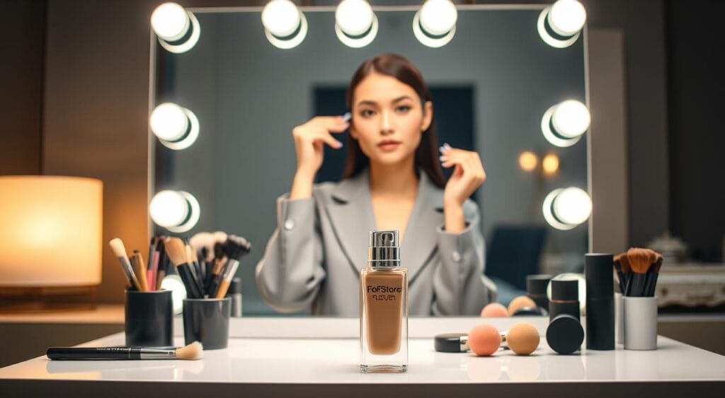 A well-organized makeup testing station showcasing the "FoFoStore" foundation for oily skin. In the foreground, a sleek vanity table is adorned with an elegant glass bottle of foundation, surrounded by various makeup tools like brushes and sponges. The middle layer features a female model with a fresh, natural look, applying the foundation, dressed in a modest, professional outfit. The background displays a well-lit makeup mirror with soft, diffused lighting that creates a warm and inviting atmosphere. The setting suggests a comfortable and professional beauty environment, with subtle hints of modern decor that enhance the overall mood, while focusing on the practical aspects of testing a foundation suitable for oily skin.